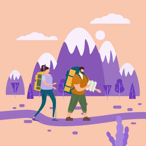 Los turistas linda pareja en el amor realizar actividad turística al aire libre - viajes de aventura, senderismo a pie viaje turismo deporte y la recreación mochilero o camping naturaleza salvaje trekking. Paisaje de montaña — Vector de stock