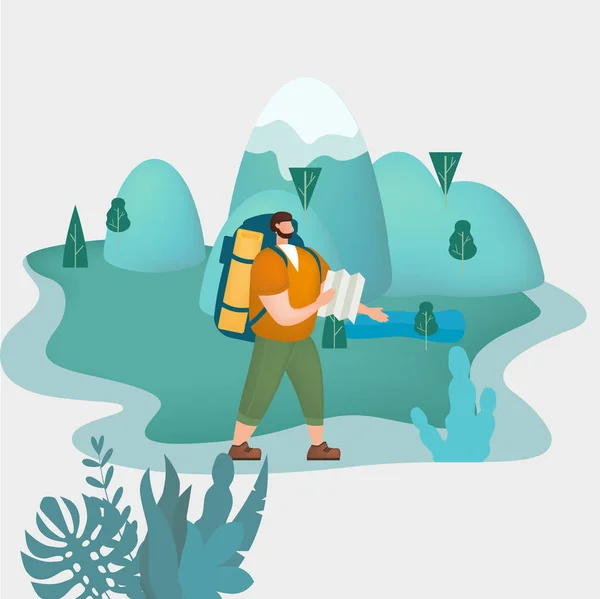 Homem turístico com mapa e mochila realizando atividade turística ao ar livre. Paisagem montesa. Viagem de aventura, caminhadas passeio turismo natureza selvagem trekking. Desenhos animados plano vetor colorido — Vetor de Stock