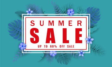 Tropikal yaprakları arka plan, renk egzotik çiçek tasarım afiş, el ilanı, davetiye, poster, web sitesi veya tebrik kartı ile mevsimlik satış için Yaz satış afiş şablonu. Kağıt kesme stili, vektör