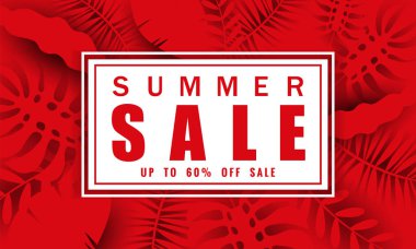Tropikal yaprakları arka plan, renk egzotik çiçek tasarım afiş, el ilanı, davetiye, poster, web sitesi veya tebrik kartı ile mevsimlik satış için Yaz satış afiş şablonu. Kağıt kesme stili, vektör