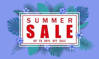 Tropikal yaprakları arka plan, renk egzotik çiçek tasarım afiş, el ilanı, davetiye, poster, web sitesi veya tebrik kartı ile mevsimlik satış için Yaz satış afiş şablonu. Kağıt kesme stili, vektör