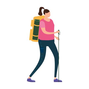 Sırt çantası ile turist kadın açık turistik aktivite gerçekleştiren. Macera seyahat, yürüyüş yürüyüş gezisi turizm vahşi doğa trekking. Düz karikatür renkli vektör illüstrasyon