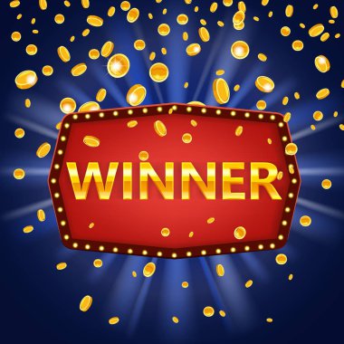 Kazanan retro çerçeve etiket afiş. Parlayan lambalar ile tebrikler vintage çerçeve kazanın, düşen altın sikke ile altın tebrik çerçeveli işareti. Kazananlar piyango oyunu jackpot ödül poker, kartlar