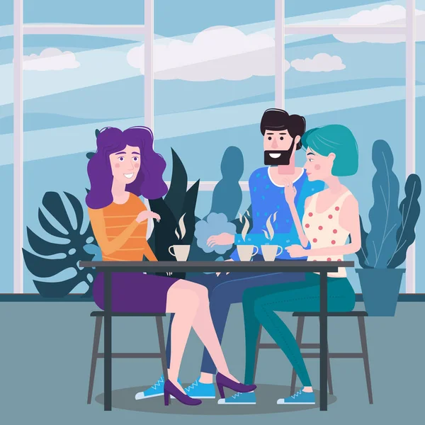 Friends male and female is drinking coffee in cafe. A man and a womans are sitting at a table in a cozy floral interior restaurant. Vector illustration in a trendy flat style — Stock Vector