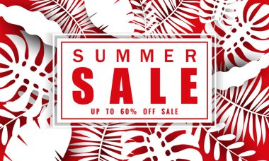 Tropikal yaprakları arka plan, renk egzotik çiçek tasarım afiş, el ilanı, davetiye, poster, web sitesi veya tebrik kartı ile mevsimlik satış için Yaz satış afiş şablonu. Kağıt kesme stili, vektör