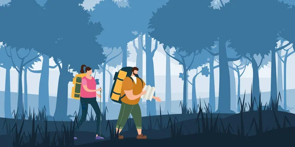 Туристы милая пара с картой и рюкзаки, осуществляющие открытый туристской деятельности. Лесные деревья горный пейзаж. Приключенческие путешествия, пешеходная прогулка туризм дикая природа треккинг. Пара туристов — стоковый вектор