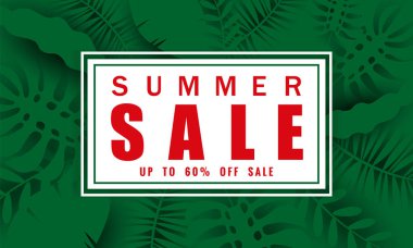 Kağıt kesimli flamingo ve tropikal yapraklı yaz indirimi afişi, afiş, broşür, davetiye, poster, web sitesi veya tebrik kartı için egzotik çiçek tasarımı. Kağıt kesim biçimi, vektör illüstrasyonu