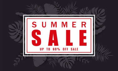 Tropikal yaprakları arka plan, renk egzotik çiçek tasarım afiş, el ilanı, davetiye, poster, web sitesi veya tebrik kartı ile mevsimlik satış için Yaz satış afiş şablonu. Kağıt kesme stili, vektör