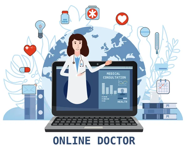 Online Doctor kvinnor Healthcare konceptet Ikonuppsättning. Doctor videocalling på en bärbar dator. Medicinska tjänster på nätet, medicinsk konsultation. Blommig bakgrund. Vektor illustration för webbplatsmallar — Stock vektor