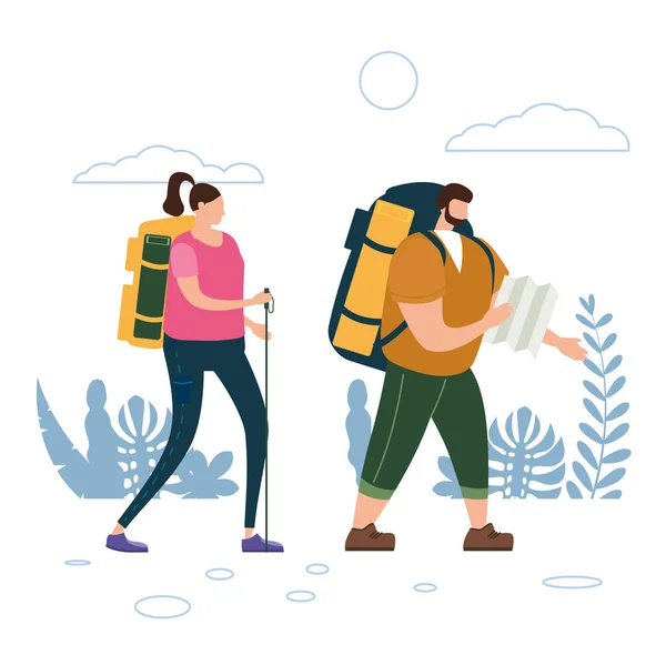 Tourists cute couple with map and backpacks performing outdoor touristic activity. Adventure travel, hiking walking trip tourism wild nature trekking. Flat cartoon colorful vector illustration — Stock Vector