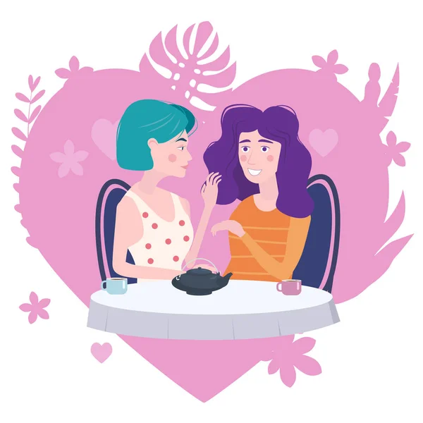 Bir kafede iki kız arkadaş romantik toplantı. Sandalyelerde çay içerken oturun, toplantı ve sohbetten eğlenin ve dinlenin. Dostluk ve iletişim, aşk kalp flora arka plan kavramı — Stok Vektör