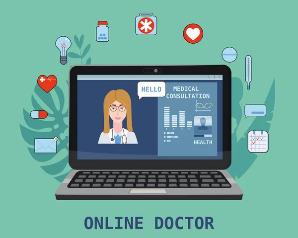 Online γιατρός γυναικών ιδέα υγείας σύνολο εικονίδιο. Ο γιατρός βιντεοκαλεί ένα λάπτοπ. Ηλεκτρονικές ιατρικές υπηρεσίες, ιατρικές συμβουλές. Floral φόντο. Απεικόνιση διανυσματικών ιστοσελίδων για πρότυπα ιστότοπων — Διανυσματικό Αρχείο