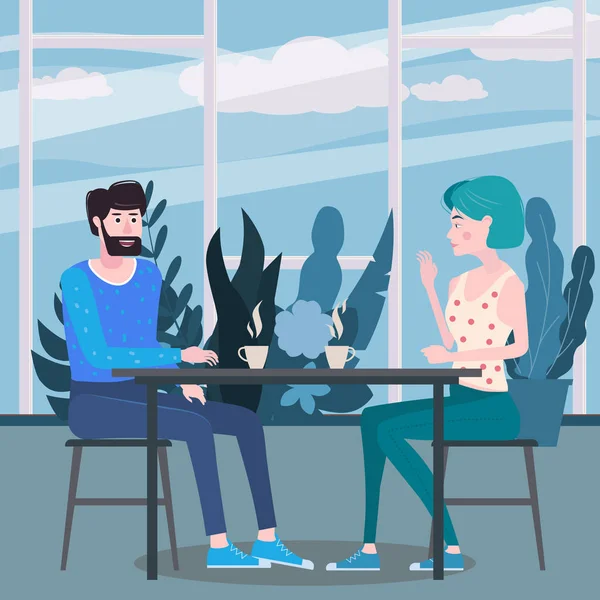 La pareja cariñosa está tomando té en la cafetería. Un hombre y una mujer enamorados en la cita están sentados en una mesa en un acogedor restaurante interior floral. Ilustración vectorial en un estilo plano de moda — Archivo Imágenes Vectoriales