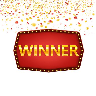 Kazanan parlayan lambalar ile vintage çerçeve tebrikler, düşen altın konfeti kurdeleler ile altın tebrik çerçeveli işareti. Çerçeve etiketi afiş şablonu. Kazananlar piyango oyunu jackpot ödül poker