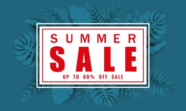 Tropikal yaprakları arka plan, renk egzotik çiçek tasarım afiş, el ilanı, davetiye, poster, web sitesi veya tebrik kartı ile mevsimlik satış için Yaz satış afiş şablonu. Kağıt kesme stili, vektör