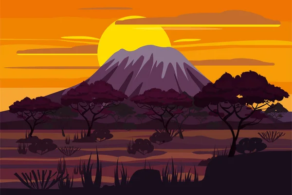 Atardecer africano paisaje sabana naturaleza salvaje. Hierba, arbustos, acacias y montanos. La naturaleza de África. Reservas y parques nacionales. Ilustración vectorial estilo de dibujos animados aislados — Vector de stock