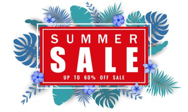 Tropikal yaprakları arka plan, renk egzotik çiçek tasarım afiş, el ilanı, davetiye, poster, web sitesi veya tebrik kartı ile mevsimlik satış için Yaz satış afiş şablonu. Kağıt kesme stili, vektör