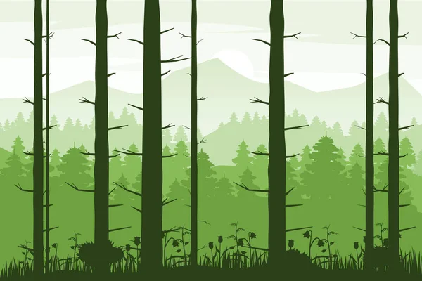 Orman siluet ahşap ağaçlar, çalılar ve çalılıksoyut arka plan. Doğa ve çevre koruma kavramı düz tasarım. Vektör çizimi. — Stok Vektör