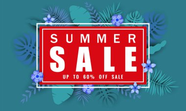Tropikal yaprakları arka plan, renk egzotik çiçek tasarım afiş, el ilanı, davetiye, poster, web sitesi veya tebrik kartı ile mevsimlik satış için Yaz satış afiş şablonu. Kağıt kesme stili, vektör