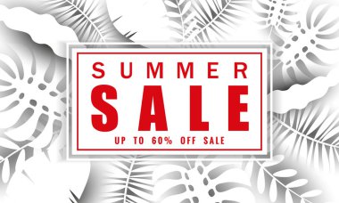 Tropikal yaprakları arka plan, renk egzotik çiçek tasarım afiş, el ilanı, davetiye, poster, web sitesi veya tebrik kartı ile mevsimlik satış için Yaz satış afiş şablonu. Kağıt kesme stili, vektör