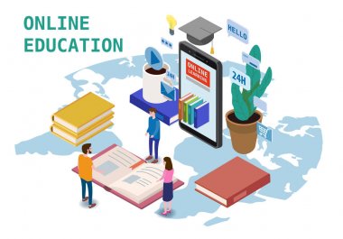 Akıllı telefon elektronik Kütüphanesi Online küresel eğitim eğitim kursları, üniversite çalışmaları ve dijital kütüphane kitap alarak küçük insanlarla online eğitim izometrik simgeler kompozisyon