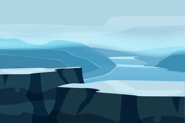 Ορεινό τοπίο βουνού βράχο. Βράχια λόφους River φιόρδ θάλασσα ορίζοντας χώρο παράβραλα Πανόραμα. Η απεικόνιση διανύσματος απομονώθηκε. — Διανυσματικό Αρχείο