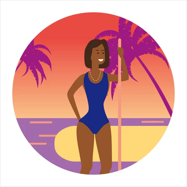 Icon activty on ocean sea summer girl with a paddle. Vacation trip holiday beach , surf, palms, flora, sunbathing. Vector flat cartoon isolated illustration