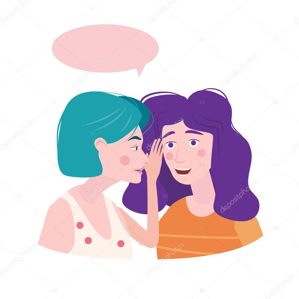 Two girls gossiping surprised, says rumors to other female character. One excited girl whispers secret to girlfriend. Vector illustration isolated