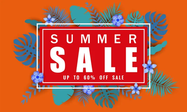 Summer sale banner template with tropical leaves background, color exotic floral design for seasonal sales banner, flyer, invitation, poster, web site or greeting card. Paper cut style, vector — Stock Vector