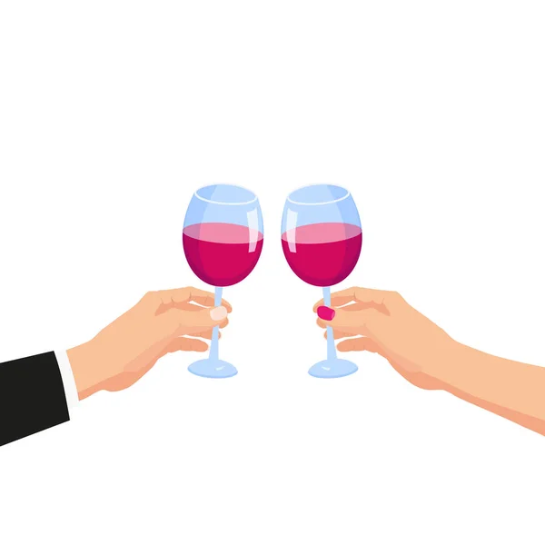 Звон бокалов, руки, держащие бокалы с красным вином поздравления. Векторный шаблон — стоковый вектор