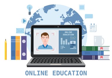 Dizüstü bilgisayar elektronik kütüphane uzaktan eğitim, online kurslar, e-öğrenme, öğreticiler eğitim kursları öğretmen antrenör eğitmen erkekler ile online eğitim websemineri simgeleri kompozisyon. Vektör düz
