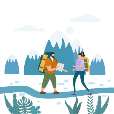 Turistler sevimli çift aşk açık turistik aktivite-macera seyahat, yürüyüş yürüyüş gezi turizm spor ve rekreasyon backpacking veya kamp vahşi doğa trekking gerçekleştirme. Dağ manzarası