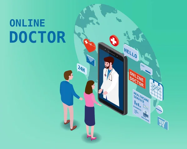 Médico de saúde isometria on-line e consulta médica usando uma tecnologia de smartphone. Pacientes casal e ícones de caráter médico conceito de saúde médica. Banner de ilustração vetorial isométrico plano — Vetor de Stock