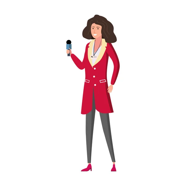 Journalist vrouw reporter presenteren Live News Talk met microfoon concept. Vector illustratie in platte cartoon stijl — Stockvector