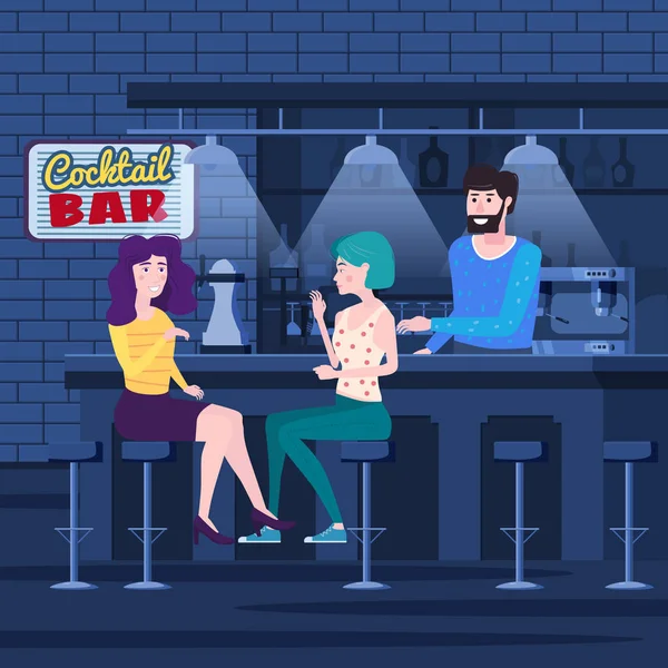 Bir kokteyl barda iki kız arkadaş romantik toplantı. Sandalyelere oturun, toplantı ve sohbetin keyfini çıkarın ve dinlenin. Bar iç, sakallı barmen içecekler. Dostluk ve iletişim. Vektör — Stok Vektör