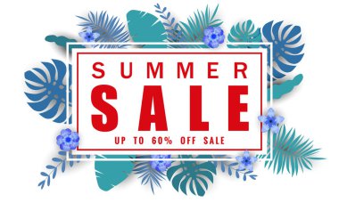Tropikal yaprakları arka plan, renk egzotik çiçek tasarım afiş, el ilanı, davetiye, poster, web sitesi veya tebrik kartı ile mevsimlik satış için Yaz satış afiş şablonu. Kağıt kesme stili, vektör