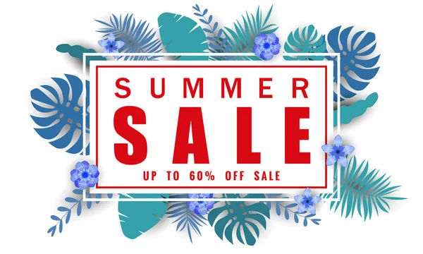 Summer sale banner template for seasonal sales with tropical leaves background, color exotic floral design banner, flyer, invitation, poster, web site or greeting card. Paper cut style, vector — Stock Vector