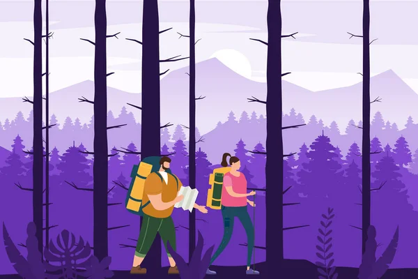 Tourists cute couple with map and backpacks performing outdoor touristic activity. Forest trees mountain landscape. Adventure travel, hiking walking trip tourism wild nature trekking. Pair of tourists — Stock Vector