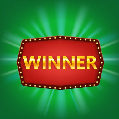 Kazanan retro çerçeve etiketi afiş şablonu. Parlayan lambalar, altın tebrik çerçeveli işareti ile tebrikler vintage çerçeve kazanın. Kazananlar piyango oyunu jackpot ödül poker, kartlar, rulet ve piyango