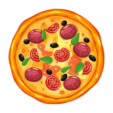 Farklı malzemelerle taze pizza domates, peynir, zeytin, sosis, fesleğen. Geleneksel İtalyan fast food. En iyi yemek. Avrupa geleneksel atıştırmalık. Yalıtılmış beyaz arka plan vektör illüstrasyonu.