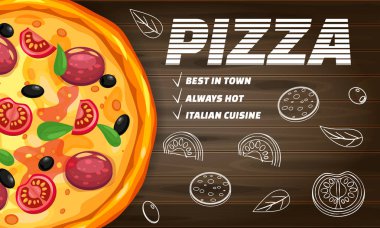 Pizza Pizzeria İtalyan şablon el ilanı baner malzemeler ve ahşap arka plan fast food üst görünümü metin. Gıda menüsü veya sokak gıda posterleri tasarım, baskılar, web için vektör illüstrasyon