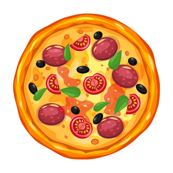 Pizza segar dengan bahan yang berbeda tomat, keju, zaitun, sosis, kemangi. Makanan cepat saji tradisional Italia. Top tampilan makan. Makanan ringan tradisional Eropa. Ilustrasi vektor latar belakang putih terisolasi . - Stok Vektor