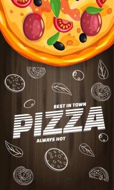Pizza Pizzeria İtalyan şablonu ahşap arka plan fast food üst görünümünde malzemeler ve metin ile dikey el ilanı baner. Gıda menüsü veya sokak gıda posterleri tasarım, baskılar, web için vektör illüstrasyon