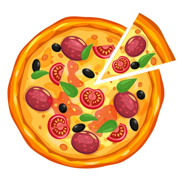 Pizza y triángulo de rebanadas con diferentes ingredientes tomate, queso, oliva, salchicha, albahaca. Comida rápida italiana tradicional. Comida vista superior. Snack tradicional europeo. Vector de fondo blanco aislado — Vector de stock