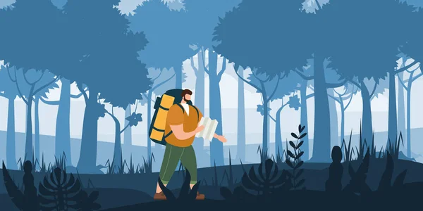 Турист с картой и рюкзаком, занимающийся туристской деятельностью на открытом воздухе. Лесные деревья горный пейзаж. Приключенческие путешествия, пешеходная прогулка туризм дикая природа треккинг. Плоский мультфильм красочный — стоковый вектор