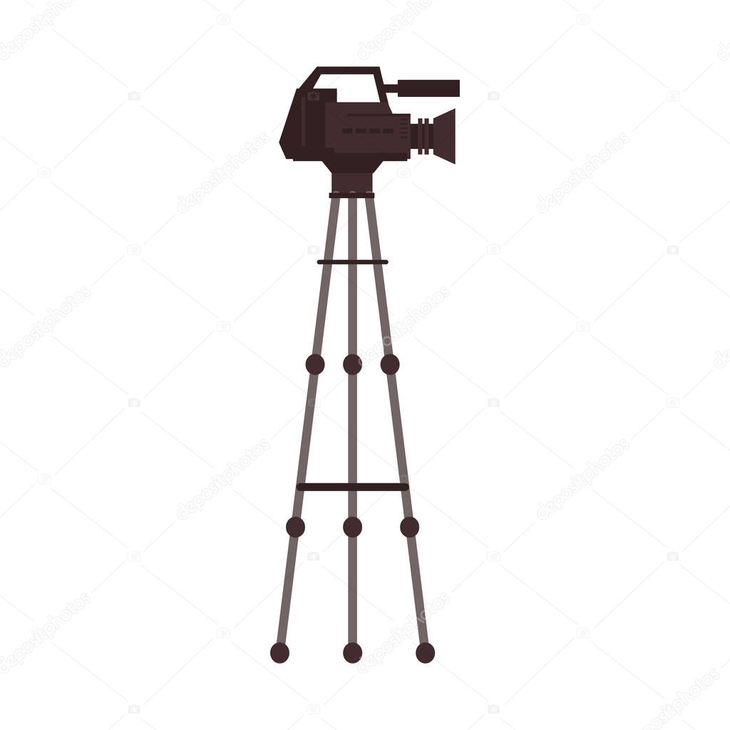 Video camera movie camera on tripod icon. Vector illustration in flat cartoon style