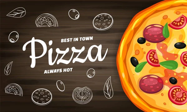 Pizza Pizzeria İtalyan yatay şablon el ilanı el ilanı ahşap arka plan fast food üst görünümü nde malzemeler ve metin ile. Gıda menüsü veya sokak gıda posterleri tasarım, baskılar, web için vektör illüstrasyon
