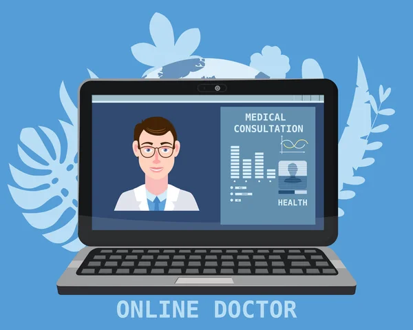 Médico online homens conceito de saúde conjunto de ícones. Um médico a filmar num portátil. Serviços médicos online, consulta médica. Fundo floral. Ilustração vetorial para modelos de sites — Vetor de Stock