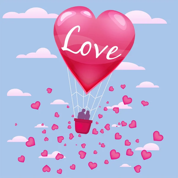 Tarjeta de invitación de amor y día de San Valentín, globo aerostático con pareja volando con corazón flotando en el cielo. Volante aislado del baner del cartel del vector — Archivo Imágenes Vectoriales