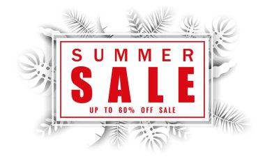 Tropikal yaprakları arka plan, renk egzotik çiçek tasarım afiş, el ilanı, davetiye, poster, web sitesi veya tebrik kartı ile mevsimlik satış için Yaz satış afiş şablonu. Kağıt kesme stili, vektör